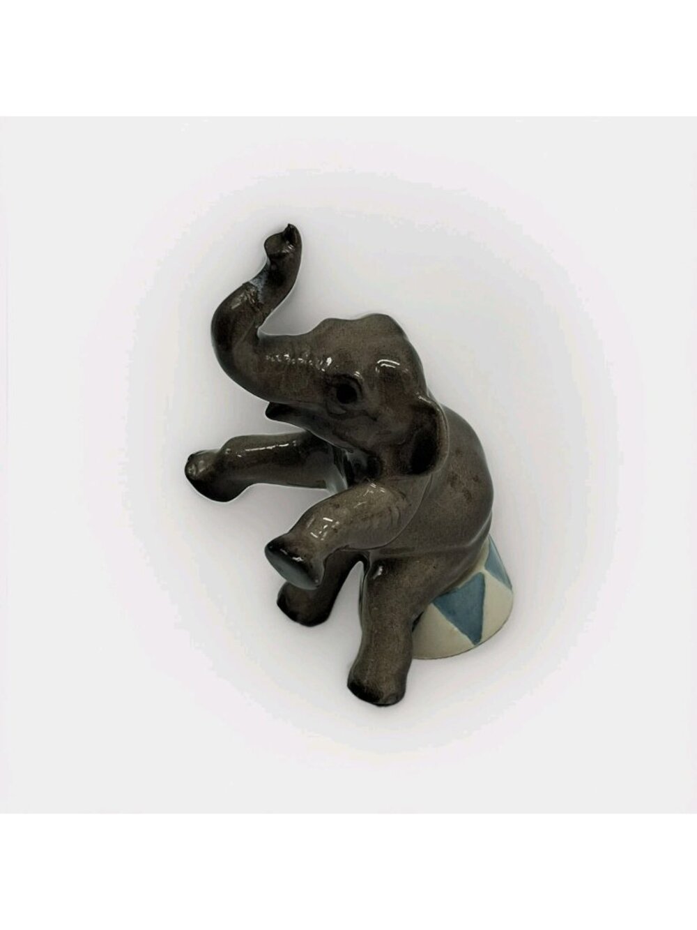 Hagen-Renaker Miniature Circus Elephant  Sitting  on Pedestal -Glued - Trinket